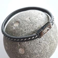 Image of Fred Bennett bracelet leather black contrast stitched stainless steel polished