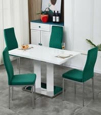 Image of Dining Table Set White High Gloss 4 Seater Rectangular with 4 Velvet Chairs Home