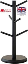 Image of Black Mug Tree & Cup Stand with Kitchen Towel Holder | Countertop Rack UK