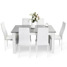Image of Mondeer 7PCS Dining Set Grey Table 6 White HIGH BACK Faux Leather Chairs Kitchen