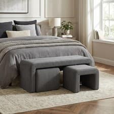 Image of 3-Piece Upholstered Bench Ottoman Bench Set Comfortable Fabric Entryway Seat