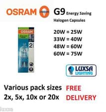 Image of 240V bulb Osram G9 Halopin ECO halogen Capsule 20W, 33W, 48W, 60W push fit
