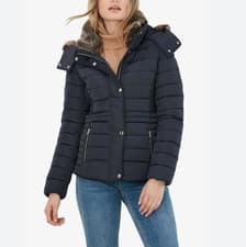 Image of Joules Ladies Marine Navy Gosway Chevron Quilted Faux Fur Hood - Size 12