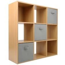 Image of Oak 3 Tier 9 Cube Storage Bookcase Shelf Display Unit White Fabric Shelving Box