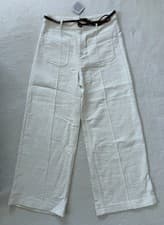 Image of Zara Trousers Cream Linen Blend Woven Wide Leg Cropped with brown braided belt S