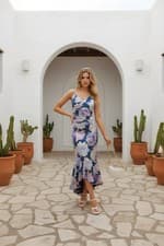 Image of Chi Chi London Sleeveless Floral Print Ruffle Midi Dress-Navy-12