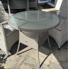 Image of Round Rattan Dining Table Outdoor Garden Patio 4 Seater Glass Bistro Furniture