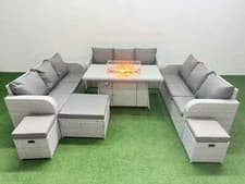 Image of Fimous Outdoor Rattan Garden Furniture Set with Gas Fire Pit Dining Table Sofas