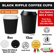 Image of Black Ripple Paper Coffee Cups 8oz 12oz Hot Drink Cups Lids Optional 25–1000pack