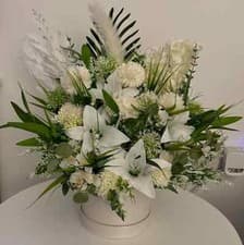 Image of Large Luxury real touch white Lilly and spikey chrysanthemums with Foliage