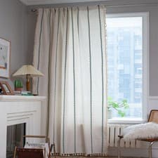 Image of UK Stripe Geometric Curtain Slot Top Cotton Linen Textured Curtains Tassels