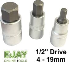 Image of 4mm to 19mm 1/2in Drive Hexagon Key Sockets - Chrome Vanadium with Satin Finish