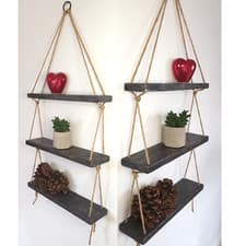 Image of Rustic Shabby Chic Handmade Rope Shelves Wooden Natural Wood Hanging 3 Tier 40cm