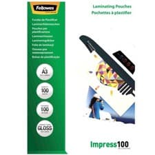 Image of 077511535123 Fellowes A3 Glossy 100 Micron Laminating Pouch - 100 pack FELLOWES