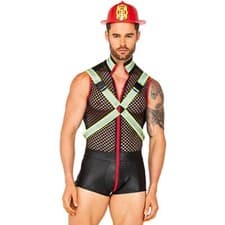 Image of Fireman Firefighter Costume Jumpsuit Sheer Fishnet Wet Look Harness Helmet 5116
