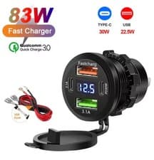 Image of USB Car Charger Dual QC 3.0 PD Port With Voltmeter Outlet Socket for 12/24V