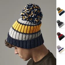 Image of Beechfield Hygge Striped Beanie Hat BB392 Pom Pom Winter Knit One Size