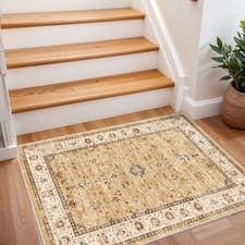 Image of Washable Hallway Runner Rug 2x3 Non-Skid Waterproof Kitchen Living Room Gold Des