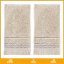 Image of Soft Turkish Cotton Fringed Striped Bath Hand Towel Set Taupe 2 Pack
