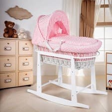 Image of Luxury Moses Basket Padded Wicker Baby Full Set Rocking Stand White Handle/Pink