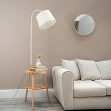 Image of Wooden Floor Lamp Shelves Fabric Lampshade Living Room Storage Light LED Bulb