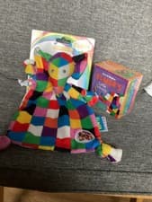 Image of BNWT ELMER ELEPHANT COMFORT BLANKET SOFT TOY RATTLE AND LITTLE BOOKS