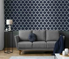 Image of Navy Blue Metallic Wallpaper Silver Geometric Trellis Textured Feature