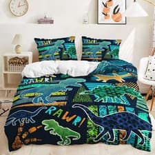 Image of Dinosaur World Cartoon Green Leaves Kid Boy Gift Doona Duvet Quilt Cover Bed Set
