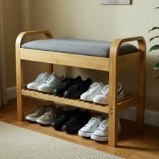 Image of 2 Tier Bamboo Shoe Rack Bench with Cushion Seat Storage Shelf Hallway Unit Stand