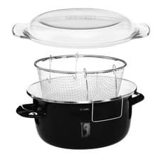 Image of Retro Deep Fat Fryer Chip Pan Pot Enamel On Steel With Glass Pyrex Lid 3 Colours