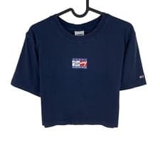 Image of Tommy Hilfiger Women Blue Super Crop RWB Play Crew Neck T Shirt Size XS