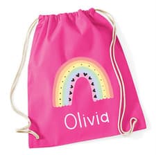 Image of Personalised Name Rainbow Cotton Drawstring Bag School PE Bag Kids unisex
