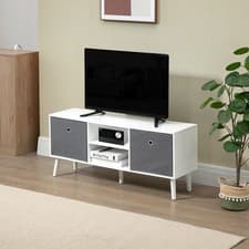 Image of TV Cabinet Unit w/ Shelves, Entertainment Centre w/ Drawers White and Grey