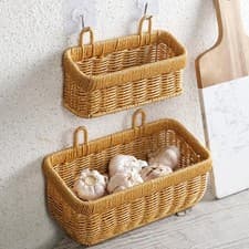 Image of Wall Mounted Kitchen Storage Woven Basket Hanging Organizer Vegetable Fruit UK