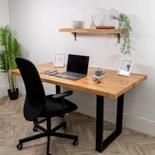 Image of Solid Oak Industrial Wood Desk | Wooden Home Computer Office Gaming Workstation