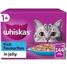Image of 144 x 85g Whiskas 1+ Fish Favourites Mixed Adult Wet Cat Food in Jelly Mega Pack