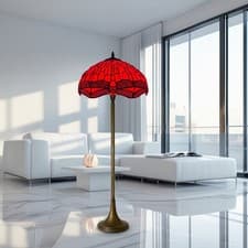 Image of Tiffany Style Red Dragonfly Floor Lamp 16" Stained Glass Shade Vintage Look