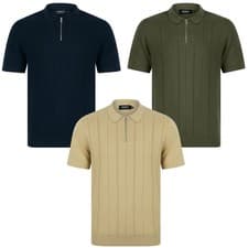 Image of Men's Knitted Polo Shirt Zip Collar Premium Stripe Knit Cotton T-Shirt Top Smart