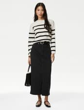 Image of Marks & Spencer Womens Cotton Midi Pencil Skirt in Black - M&S