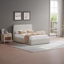 Image of Beige Upholstered Small Ottoman Double Bed Frame Linen Hydraulic Gas Lift