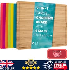Image of Large Bamboo Chopping Board Wood with 6 Color Coded Flexible Cutting Mats Set