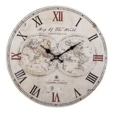 Image of World Map Round Wall Clock Vintage Style Atlas Roman Numerals Wood Cream 34cm