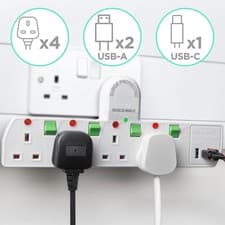 Image of Duronic 4 Way White Multi Plug Extension Lead with USB Ports Surge Protected