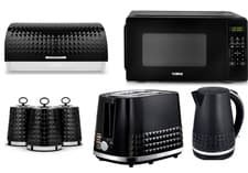 Image of Tower Solitaire Black Kettle Toaster Microwave Bread Bin Canisters Kitchen Set