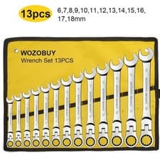 Image of 13 PCs Ratcheting Combination Wrench Set 6-22mm 180° Flex Head Metric CV Steel