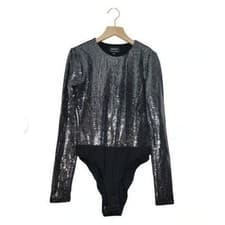 Image of Bardot Black/ silver METALLIC THREAD bodysuit Long sleeve party top MEDIUM NEW