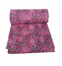 Image of Indian Handmade Kantha Block Floral Print Throw Cotton Bedding Bedspread Quilt