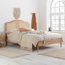 Image of Leonie Rattan Wooden Bed Frame Black & Oak 4ft6 Double, 5ft King, 6ft Super King