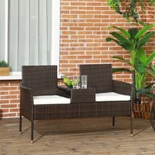 Image of Rattan Garden Bench w/ Glass Tea Table, Patio Wicker Chair w/ Cushions