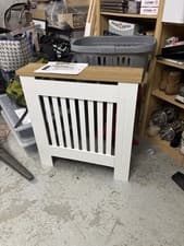 Image of White Wooden Radiator Cover With Oak Effect Top - Assembled